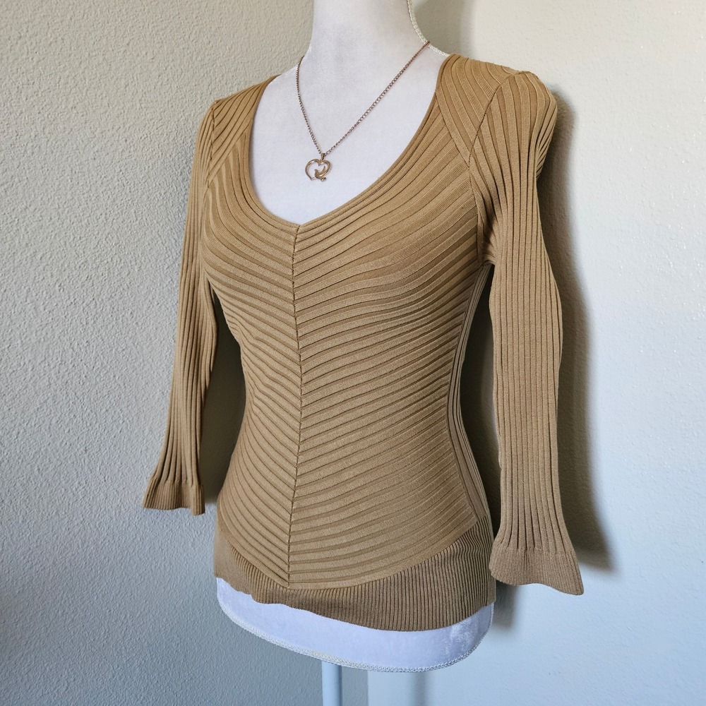 Cache Tan Silk Blend Ribbed V-Neck Chevron Knit Sweater Top